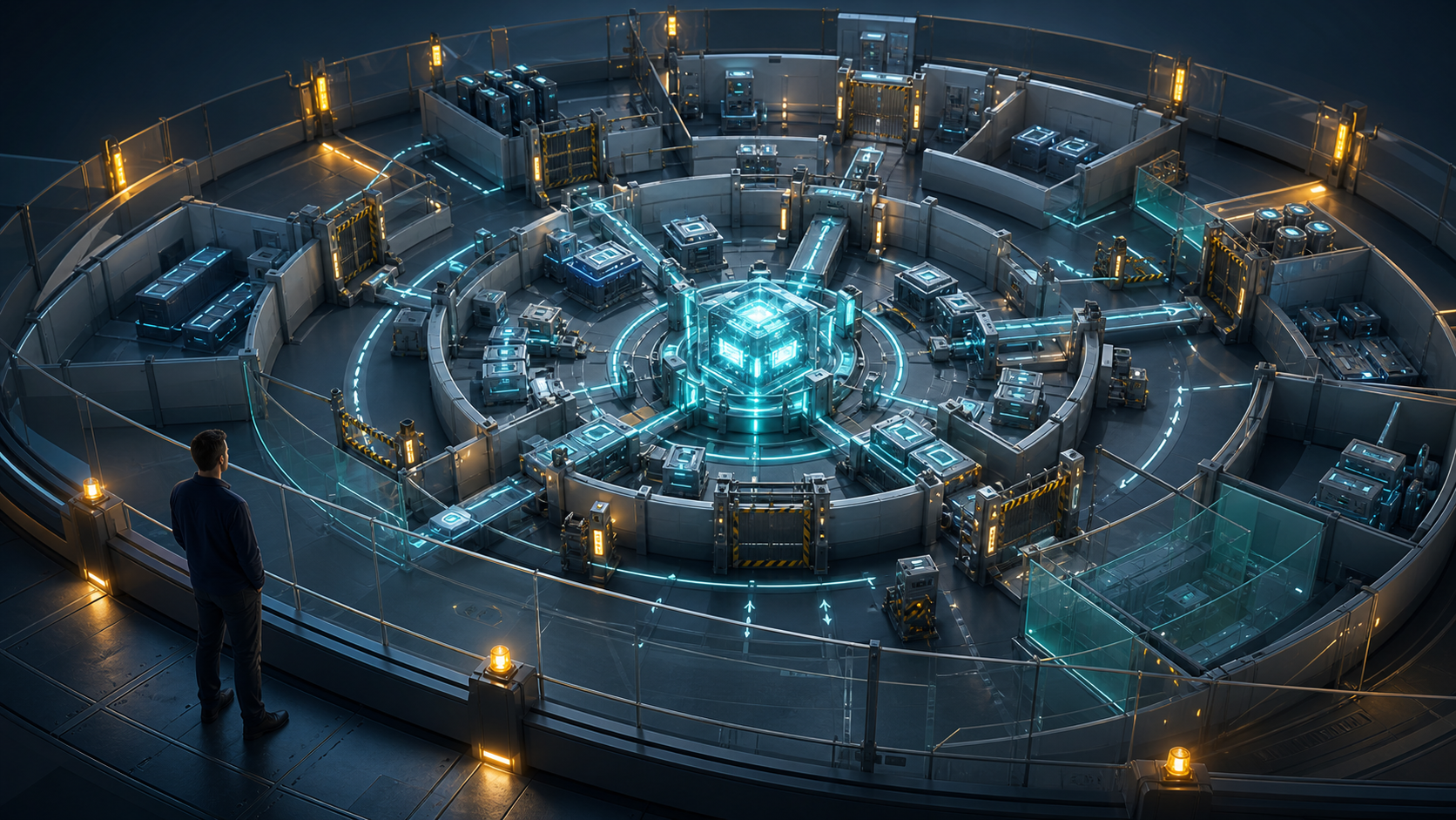 A human operator supervises a luminous AI system moving through gated workflow chambers with checkpoints, recovery paths, monitoring lights, and manual controls.