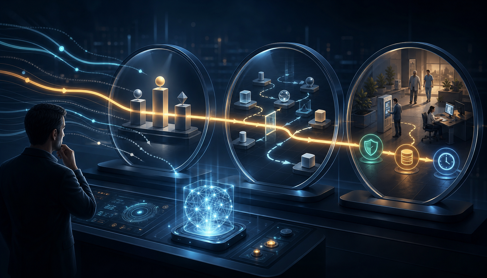 A product leader examines a glowing AI core through layered lenses showing a competition pedestal, an evaluation lab, and a real product workflow.