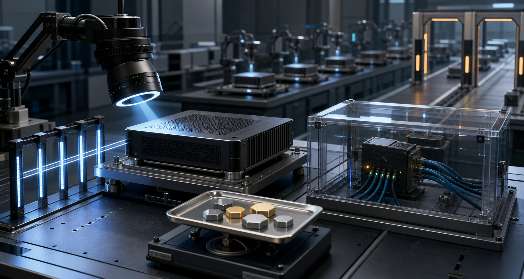 An unbranded AI compute module on a test bench is examined by optical, timing, cost, and reliability systems, with additional modules passing through tuning stations and deployment gates behind it.