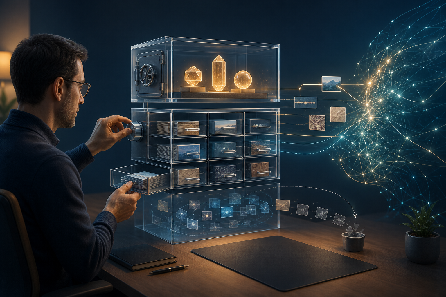 A professional inspects a layered, transparent memory system while selected glowing fragments flow toward an abstract AI workspace and outdated fragments fade away.