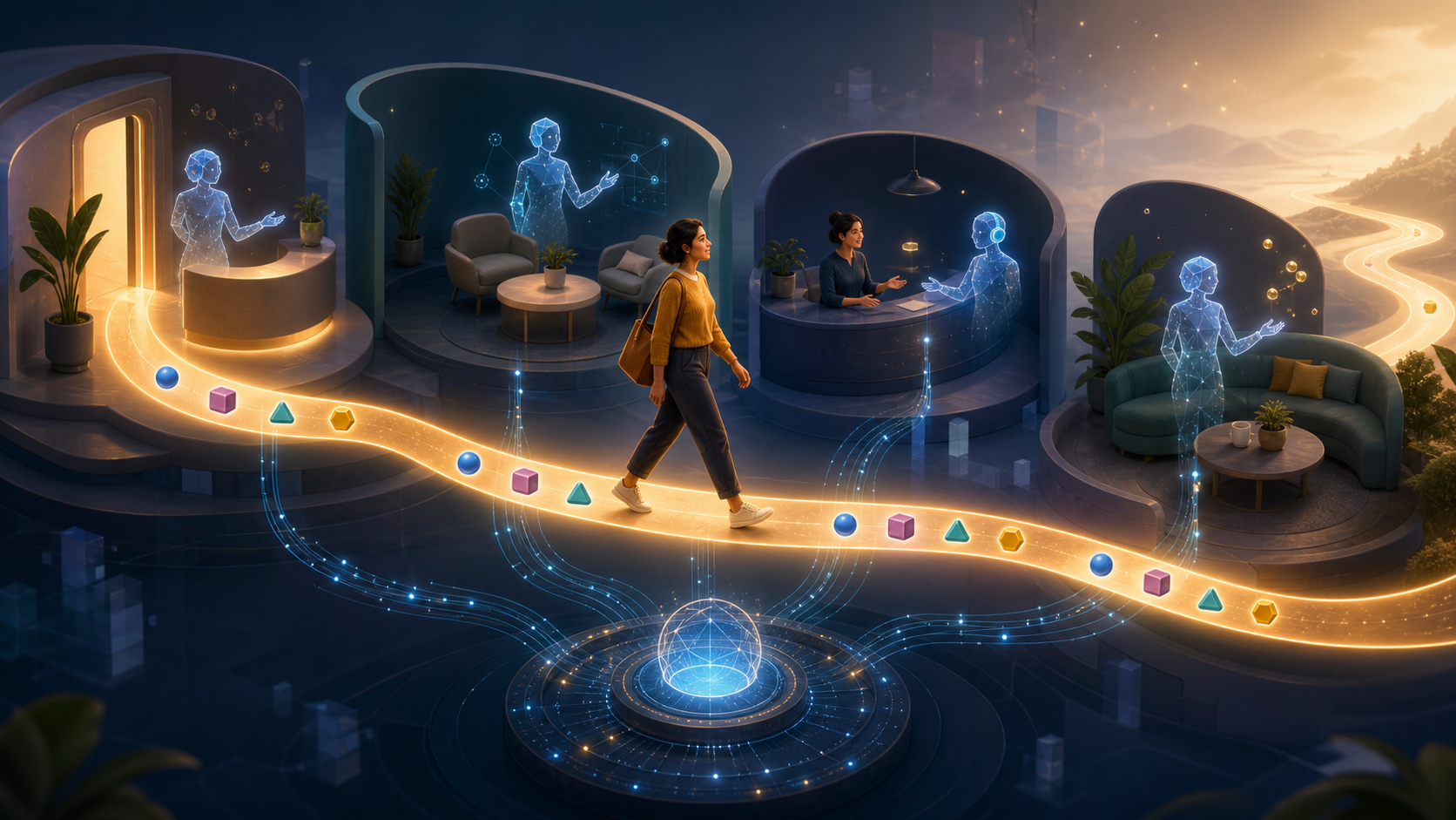 A customer follows a glowing connected pathway through onboarding, sales, support, and customer success environments linked by a shared AI network.