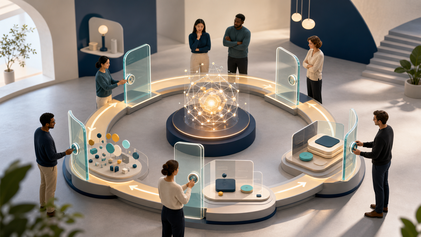 A product team supervises a circular flow connecting an abstract AI system, a user interaction, feedback signals, and a refined product, with translucent review gates positioned around the loop.