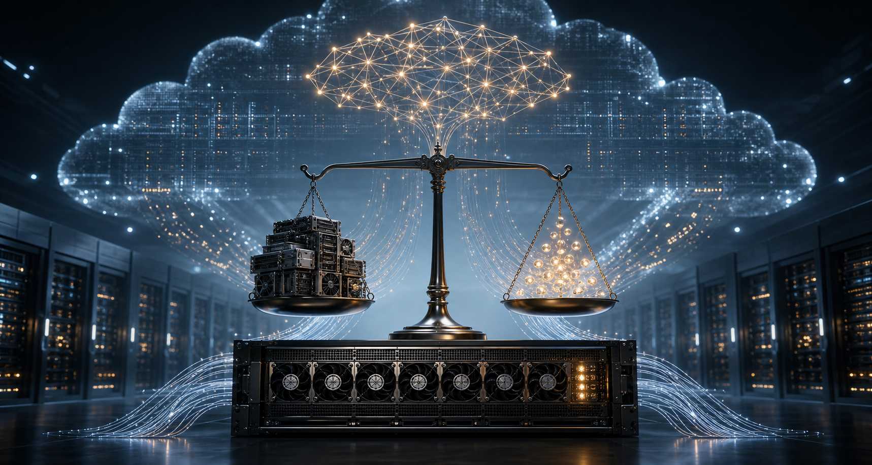 A balance scale sits between a private GPU server rack and a cloud-like computing environment, weighing metal hardware against glowing data particles.