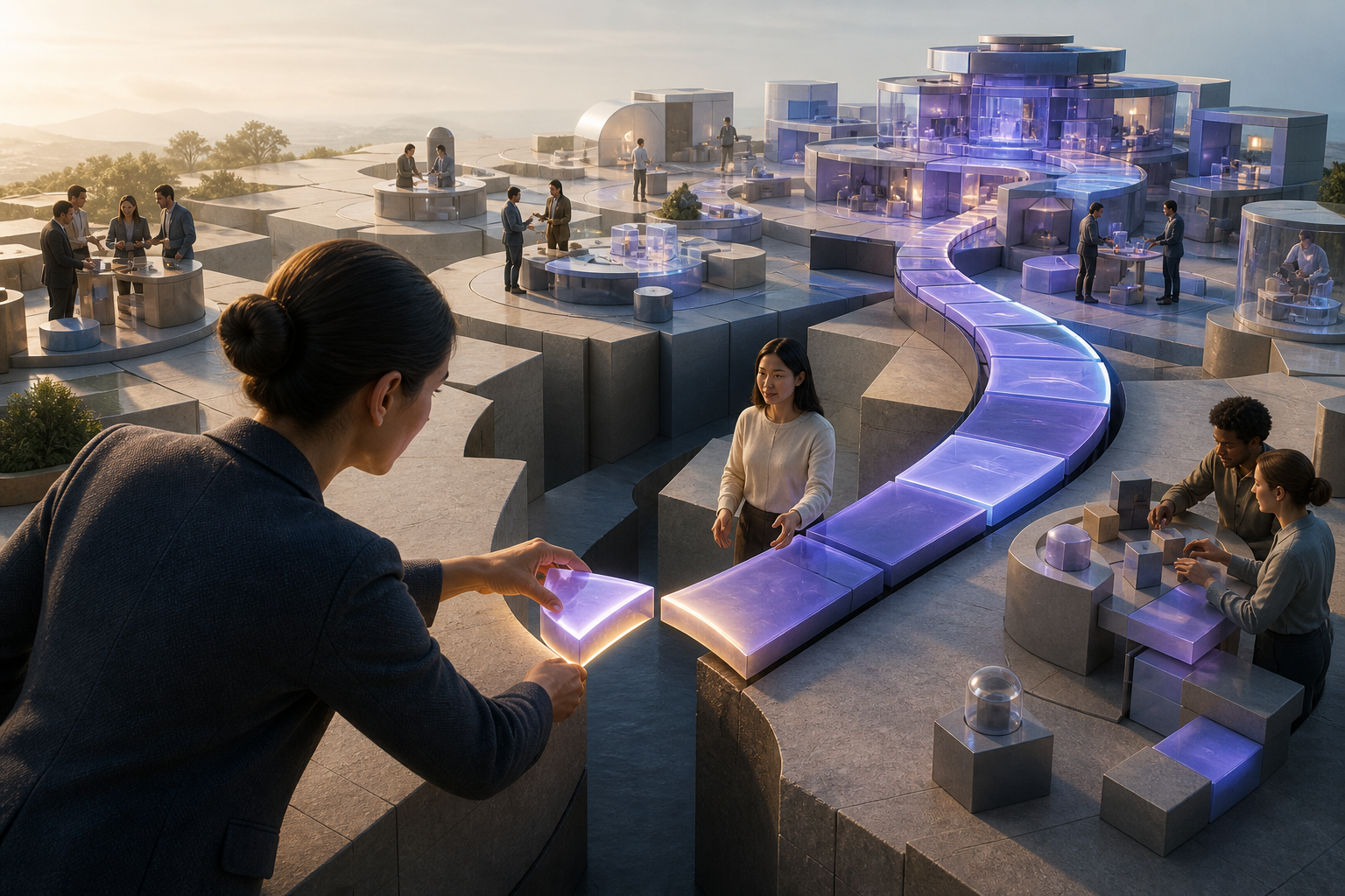 A strategist places a glowing wedge-shaped prototype into a gap between customers and fragmented business workflows, forming a bridge that expands into a modular product platform.
