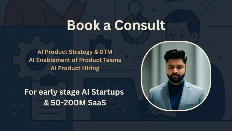 Consultation banner listing AI strategy, team enablement, and hiring beside a circular portrait of a man.