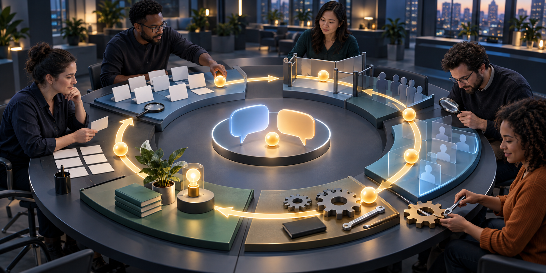 Support specialists and engineers work around a circular operations table where an illuminated path connects testing, controlled rollout, live monitoring, and improvement activities.