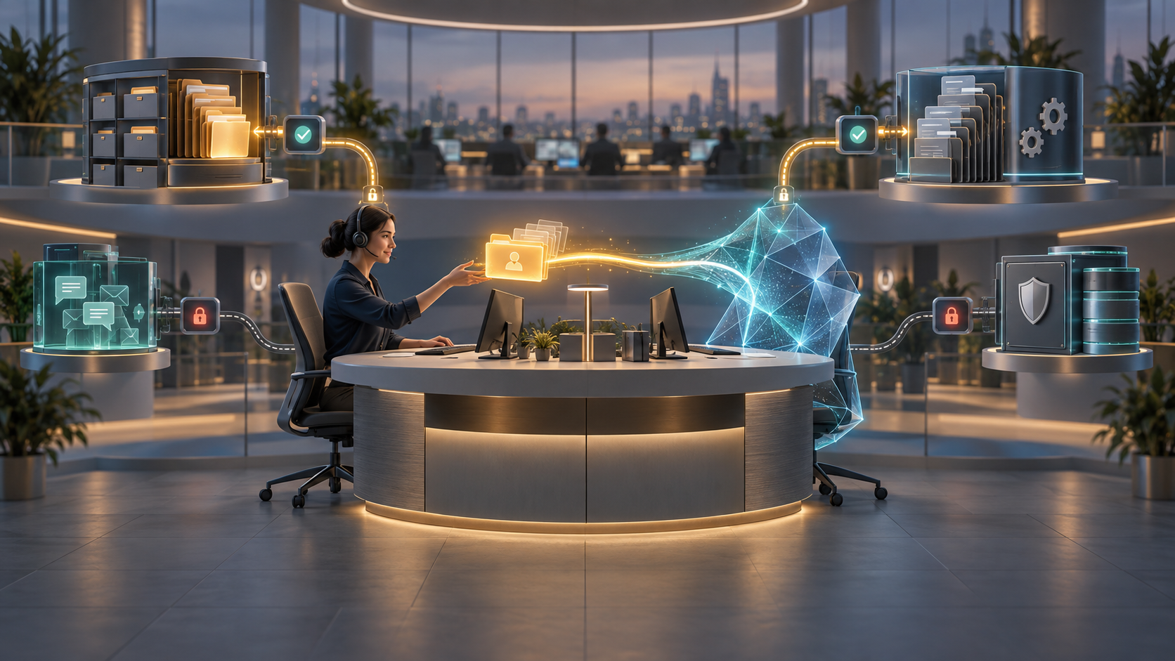 A human support specialist and an abstract AI agent share a central helpdesk hub connected to business systems through gated pathways, with a support case passing between them.