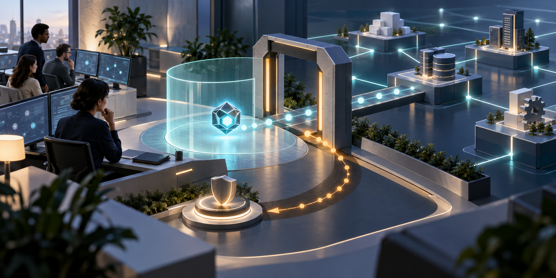 A team monitors an abstract AI agent as it passes through a controlled gateway surrounded by boundaries, human review, activity tracking, and a recovery path.
