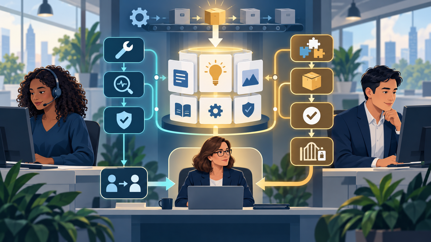 Editorial illustration of service and sales agents receiving separate guided pathways from a shared, updated knowledge hub, with a supervisor available for escalation.