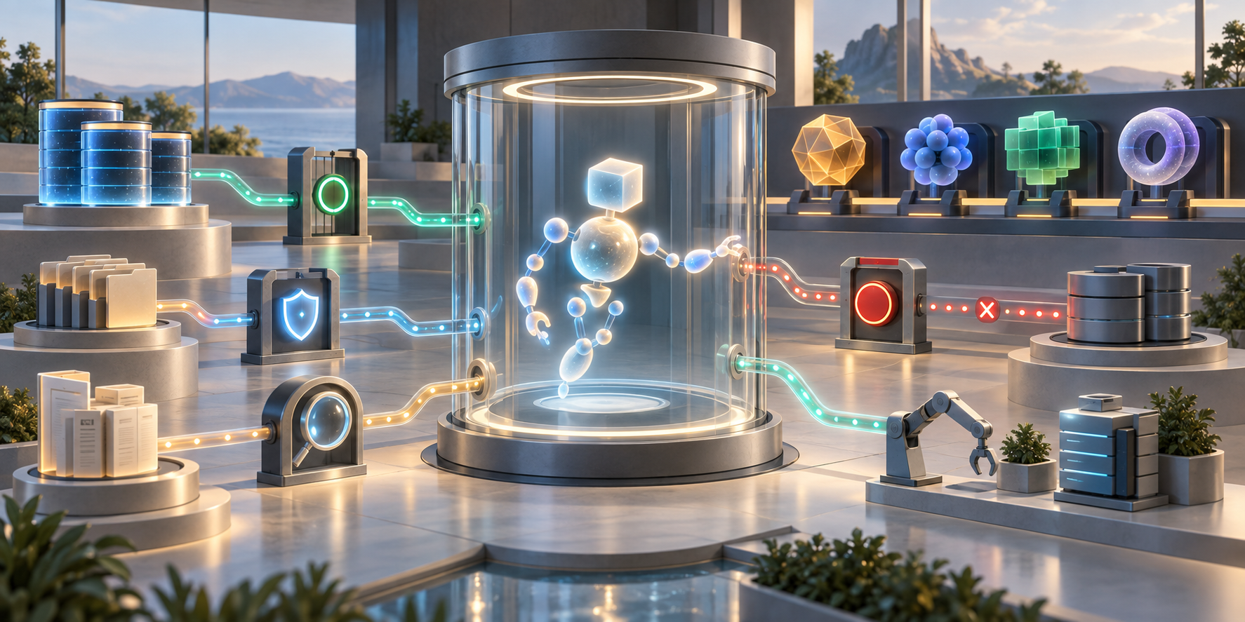 Abstract AI agent inside a control chamber, with its tool and data connections passing through permission, privacy, audit, and shutdown checkpoints beside interchangeable model modules.