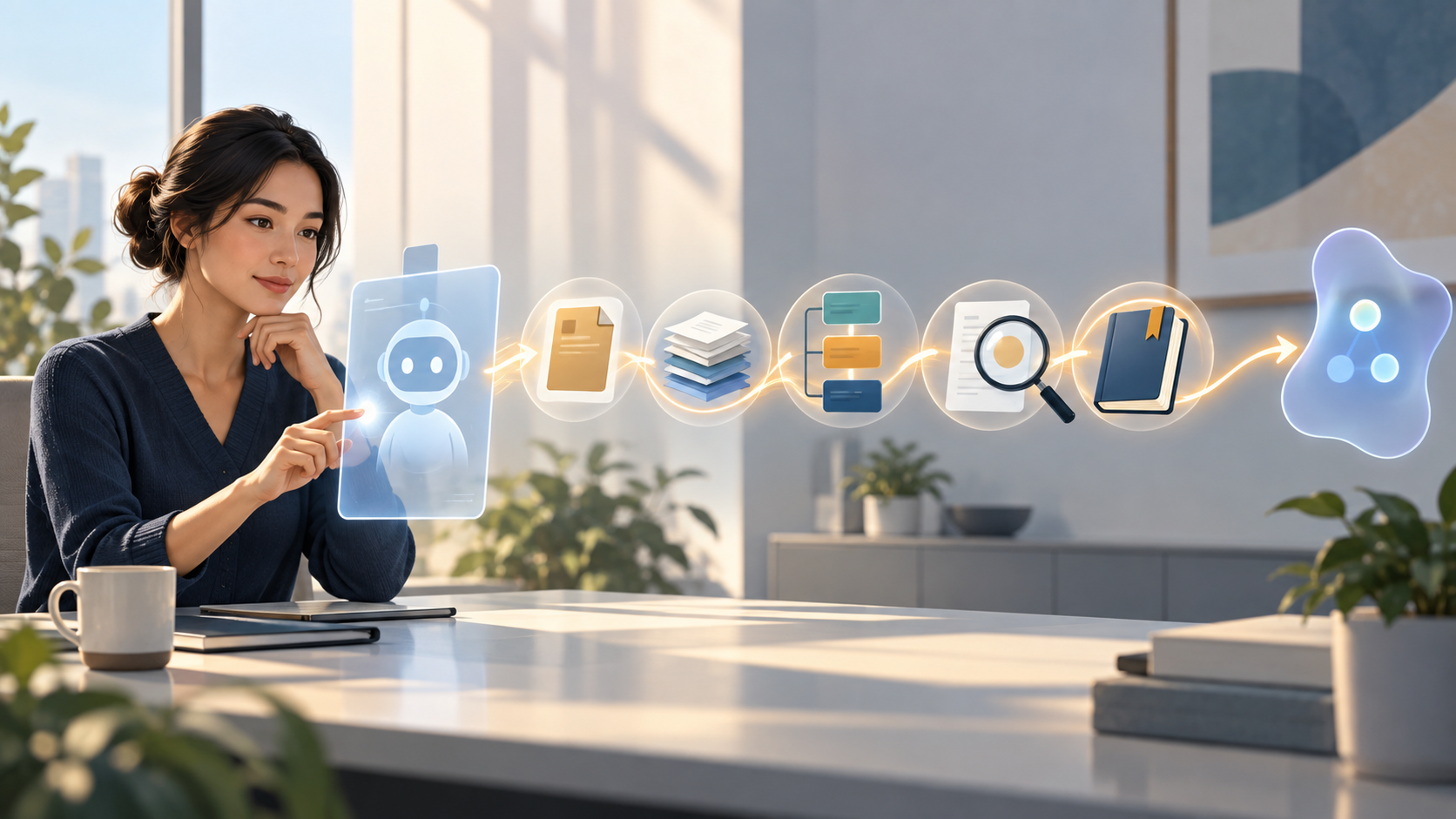 An office professional guides a generic AI assistant through five connected steps involving a task packet, source documents, staged blocks, inspection, and a reusable notebook.