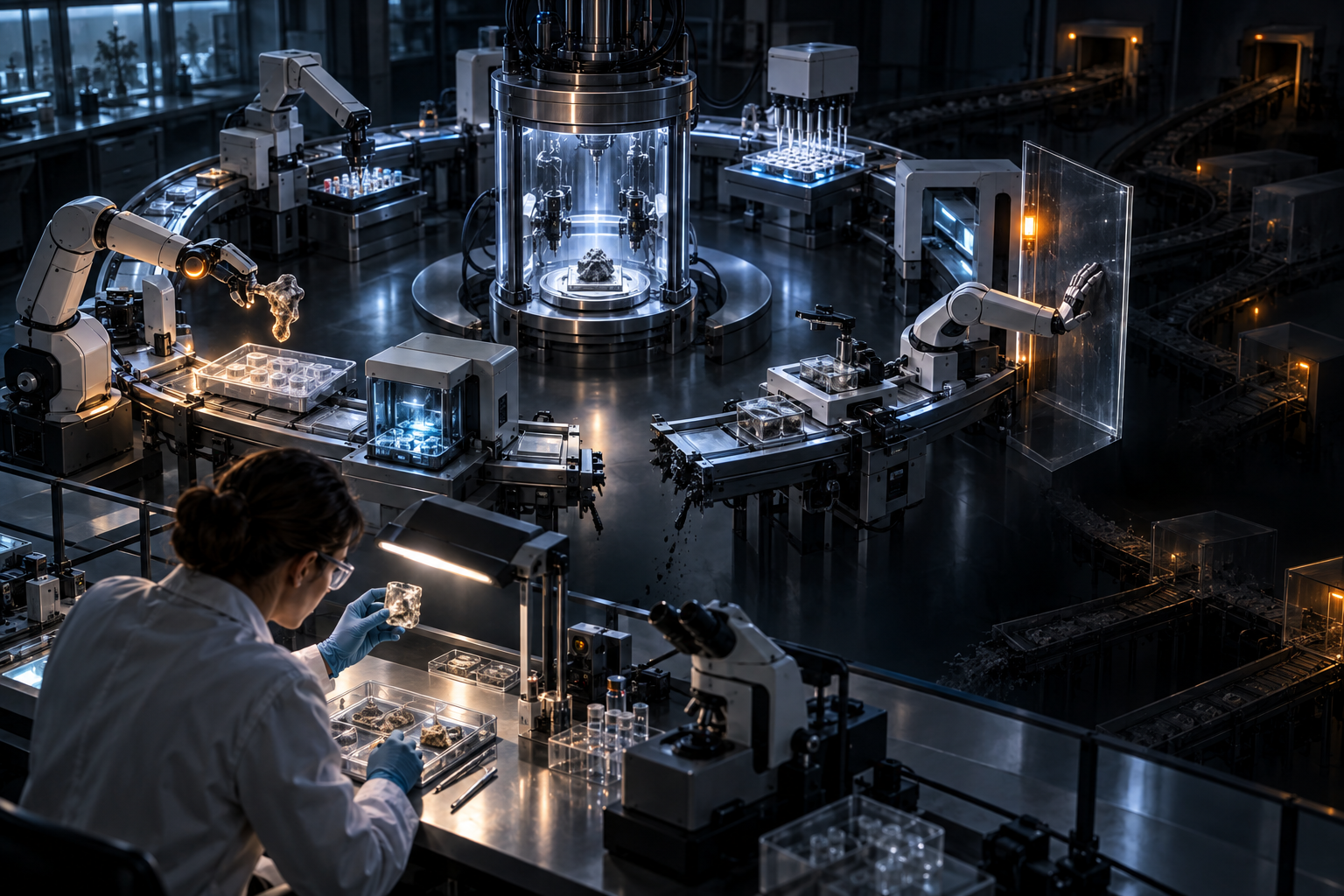 A human researcher inspects a laboratory sample beside a broken circular network of automated instruments, robotic arms, and computers.