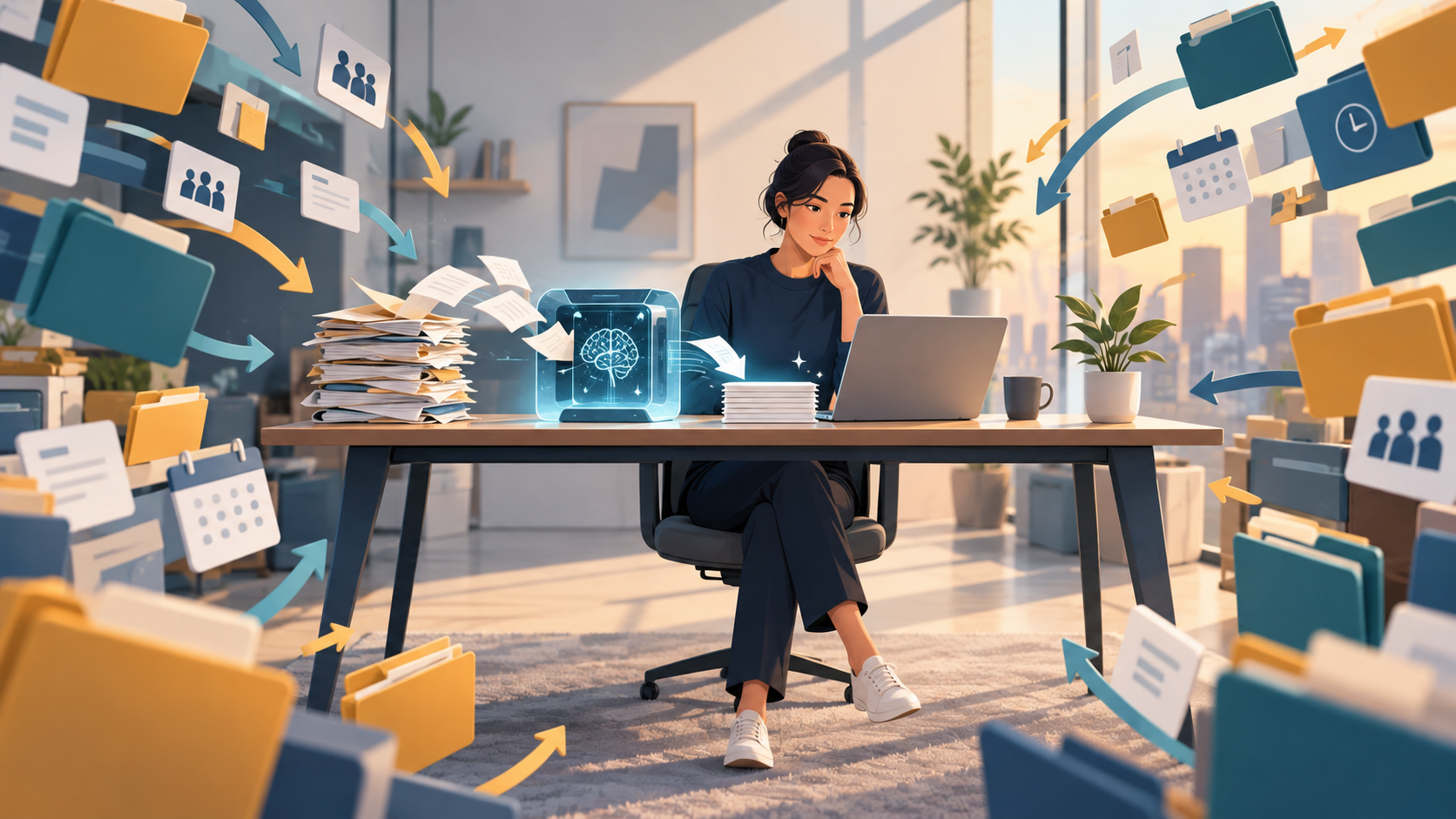 A worker at a desk watches a glowing automated system finish papers while new folders and task cards accumulate around the workspace.