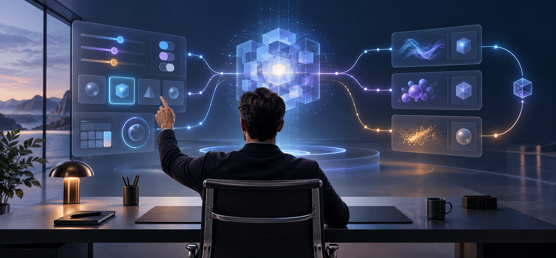 A person at a workstation uses a floating modular AI interface with controls and visual panels connected to an abstract glowing model core.