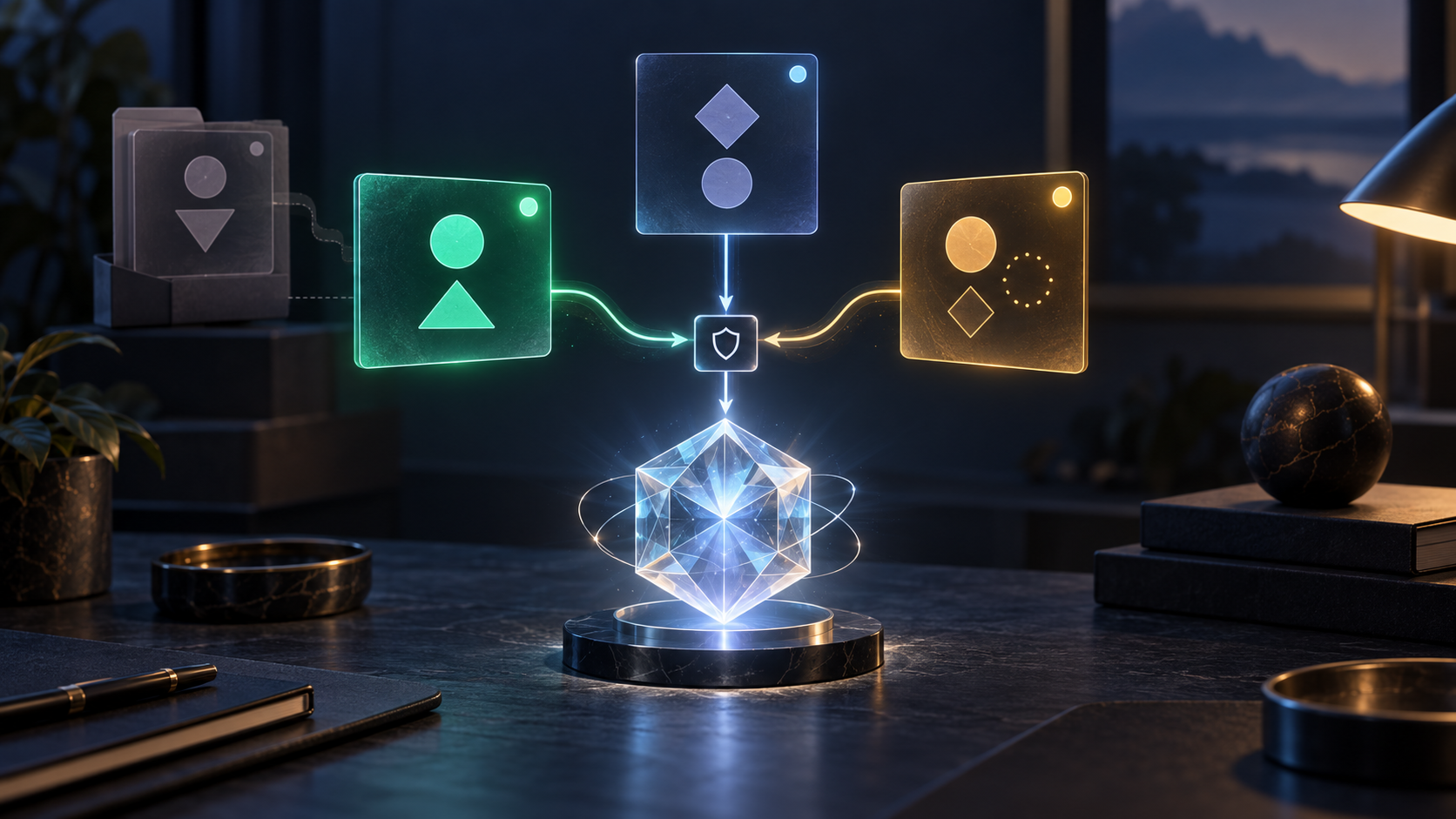 Editorial illustration of a glowing memory core receiving conflicting evidence tiles through a verification gate, with one tile current, one archived, and one unresolved.