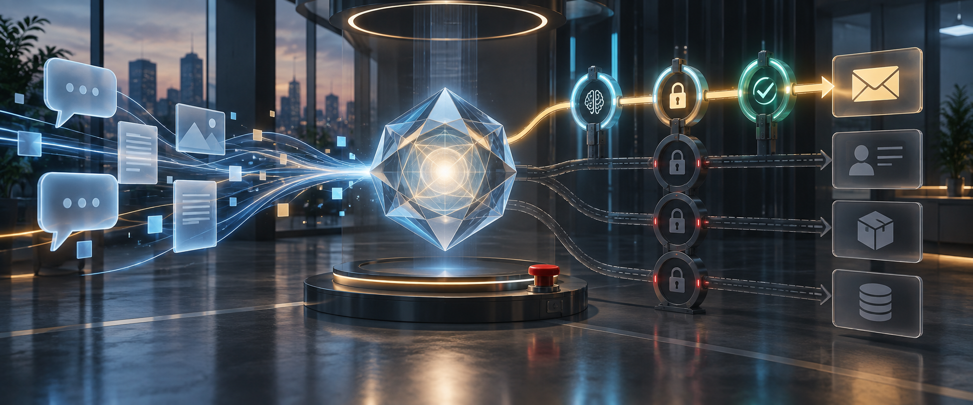 Abstract AI core routes one approved action through illuminated security checkpoints while other tool pathways remain locked.