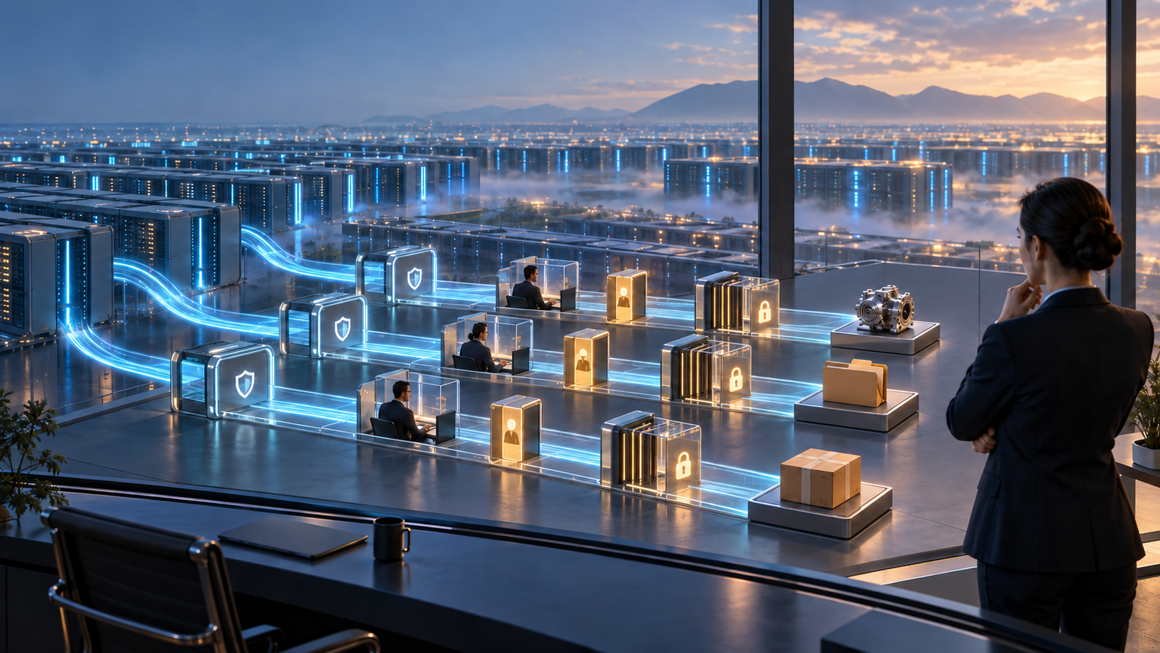A product leader observes streams of light moving from a large computing field through permission gates and human review stations toward several completed work outputs.