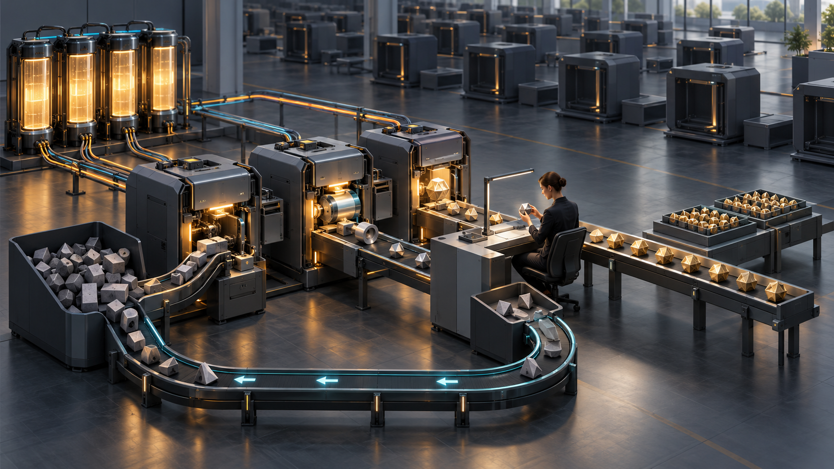 A human analyst reviews finished objects produced by a balanced group of automated workstations while unused modules sit in the background.
