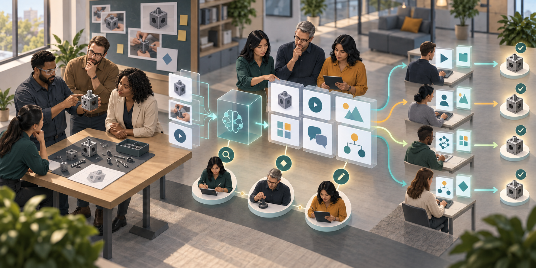 Learning specialists oversee an abstract AI production workflow while employees take different learning paths toward the same practical competency target.