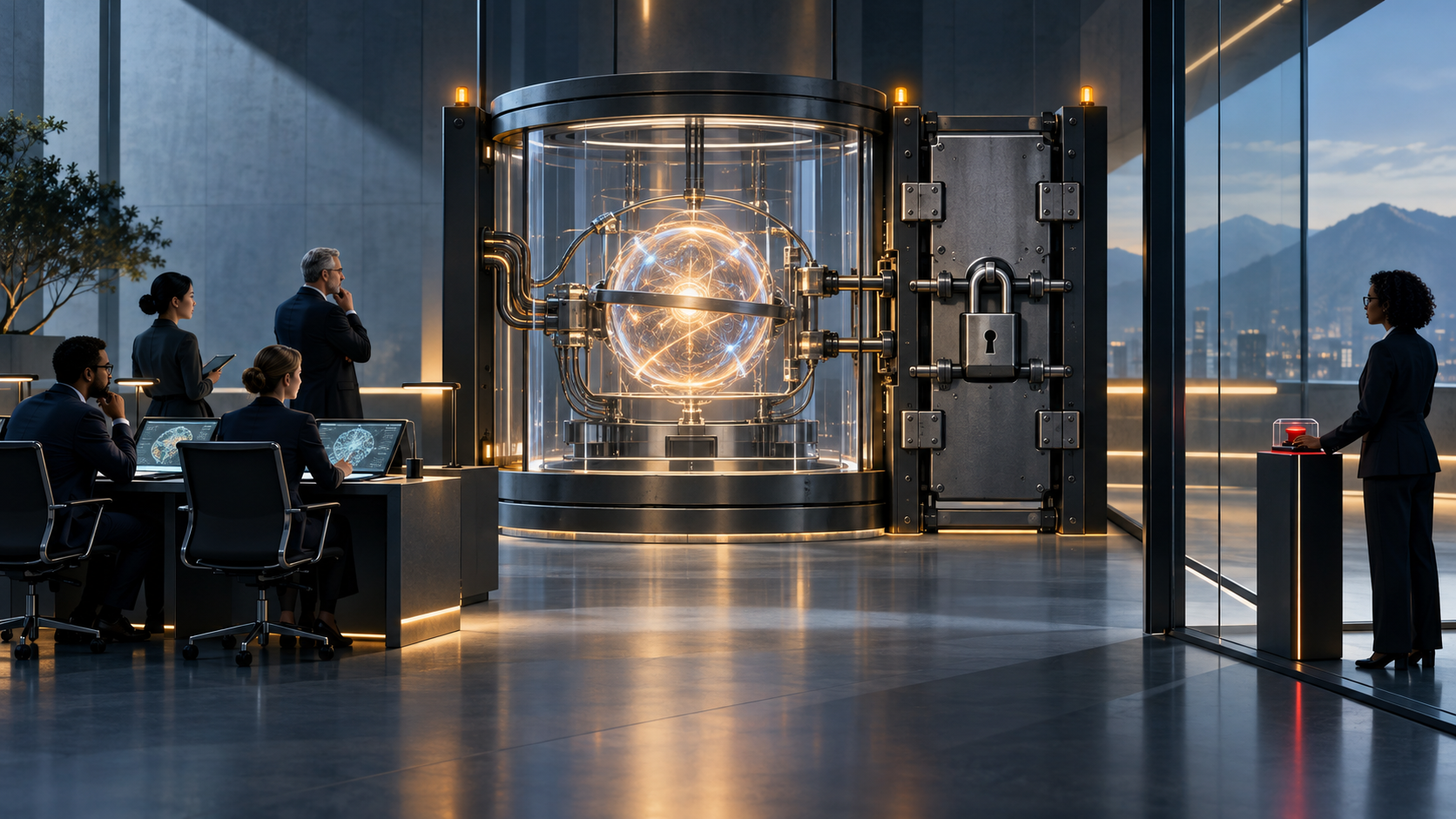 An oversight team and an independent auditor evaluate a glowing AI system inside a glass chamber before opening a locked release gate.