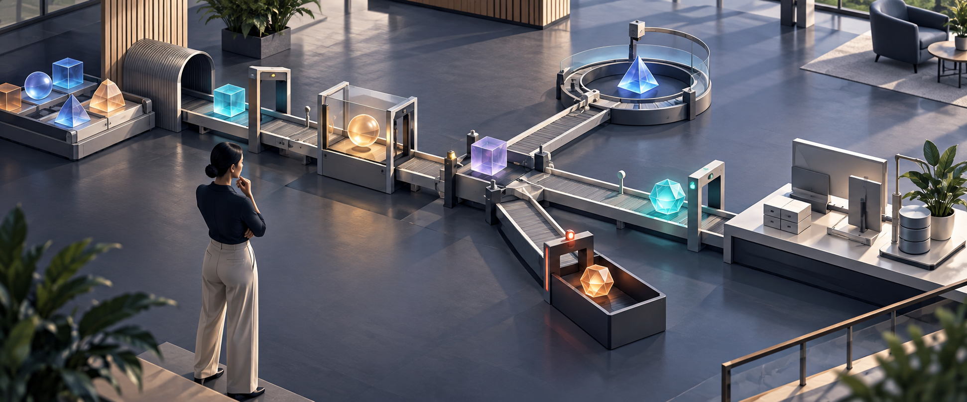 A product leader examines glowing abstract AI modules moving through a branching system of testing stations, approval gates, and a rollback loop in a modern studio.