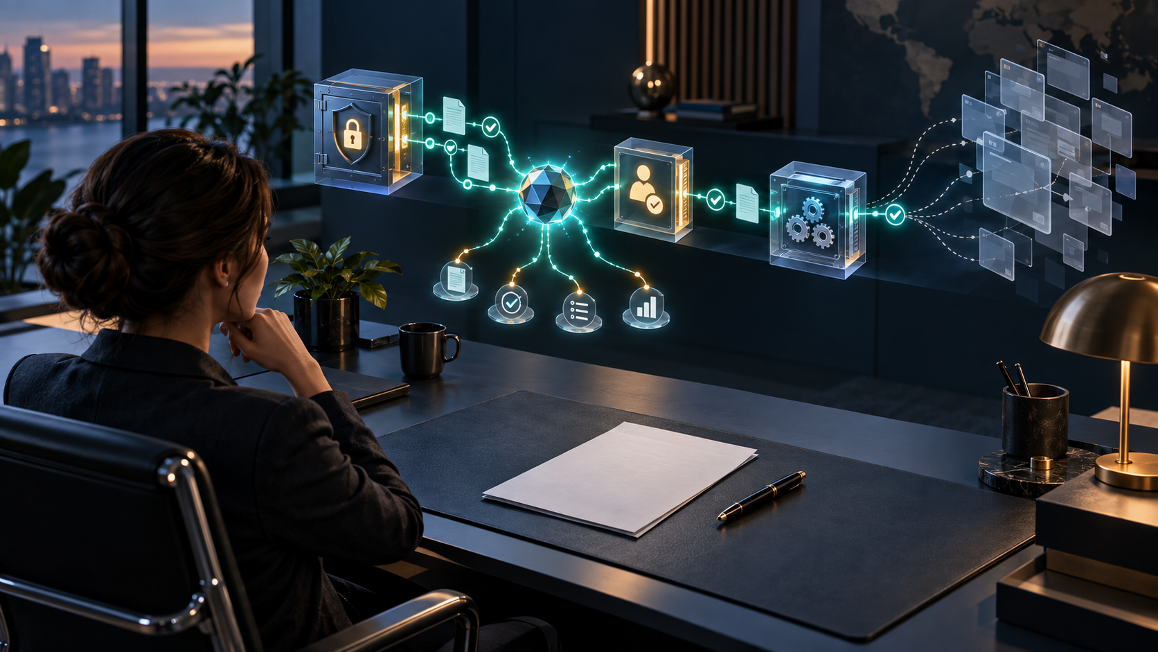 An operations professional examines a glowing AI-agent workflow connecting records, approval rules, and execution modules while translucent software panels and an unsigned renewal document sit nearby.